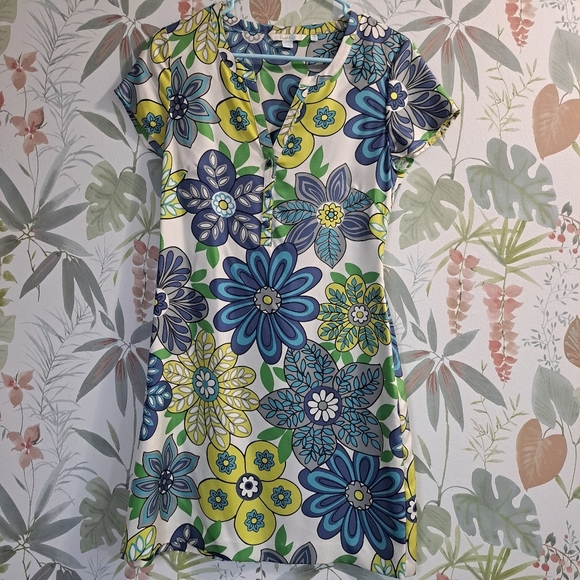 Boden Blue Green Yellow Silk Floral  Vneck Mini Sundress Dress Women's Size 4 - Picture 1 of 10